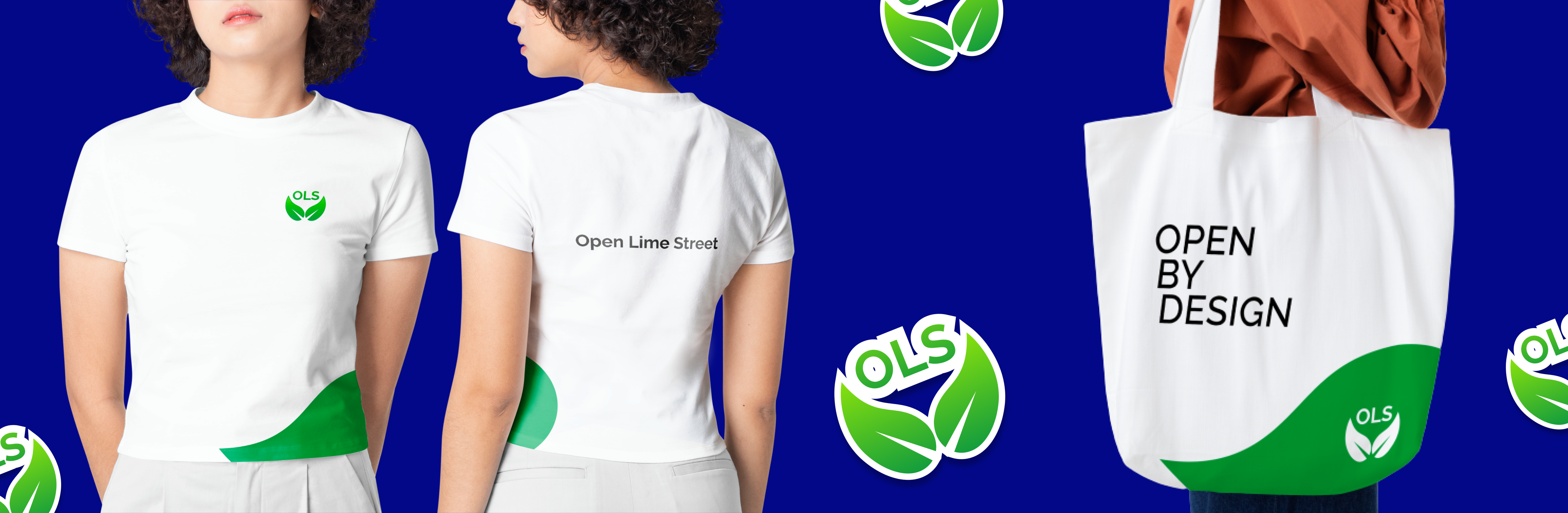 The image shows the new OLS brand identity applied to different objects such as T-shirts and bags.