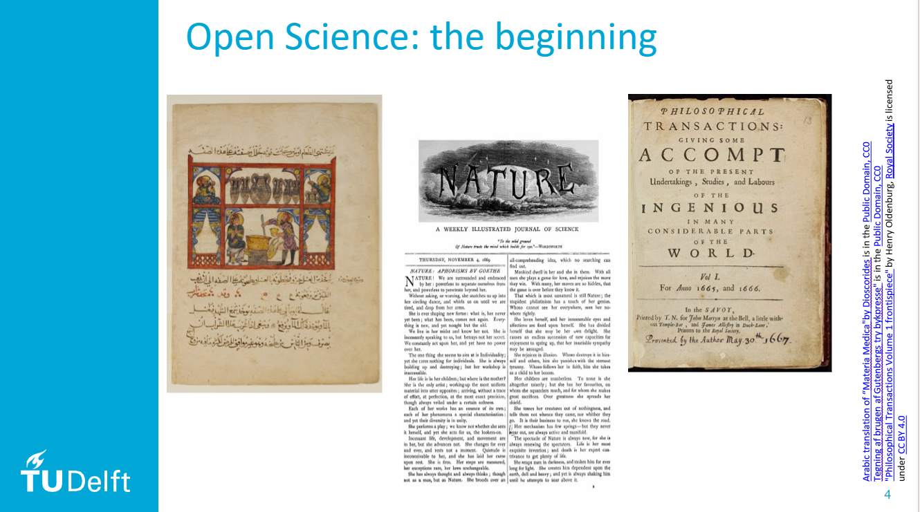 Historial illuminated manuscripts on parchment, with the title "Open Science: The beginning"