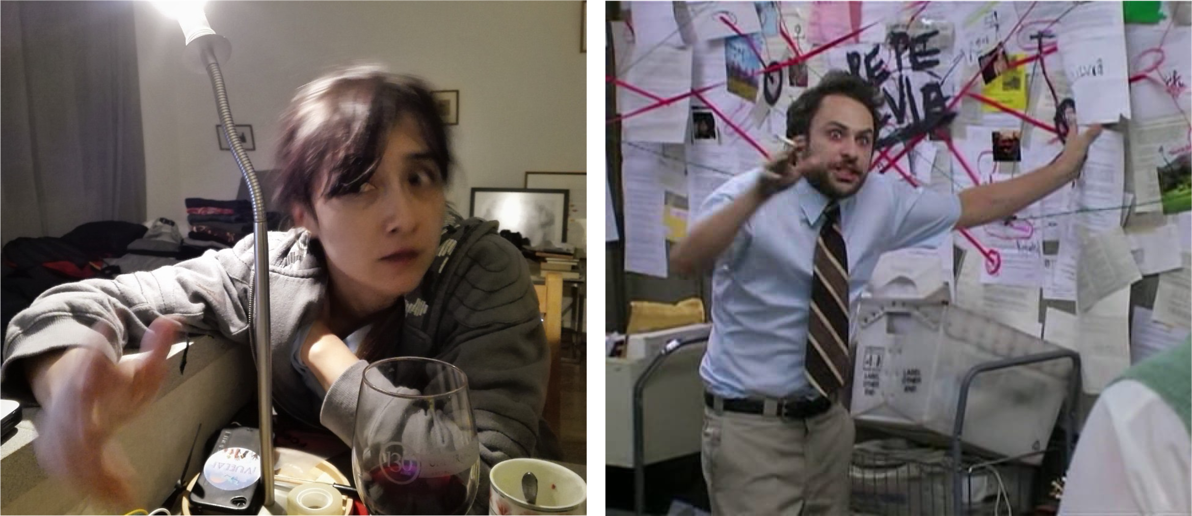 Paz is connecting dots in her mind, mimicking a meme reference to one of the most famous scenes of It's Always Sunny In Philadelphia in which the character Charlie goes on a conspiratorial rant about how he believes a person named 'Pepe Silvia' does not exist.
