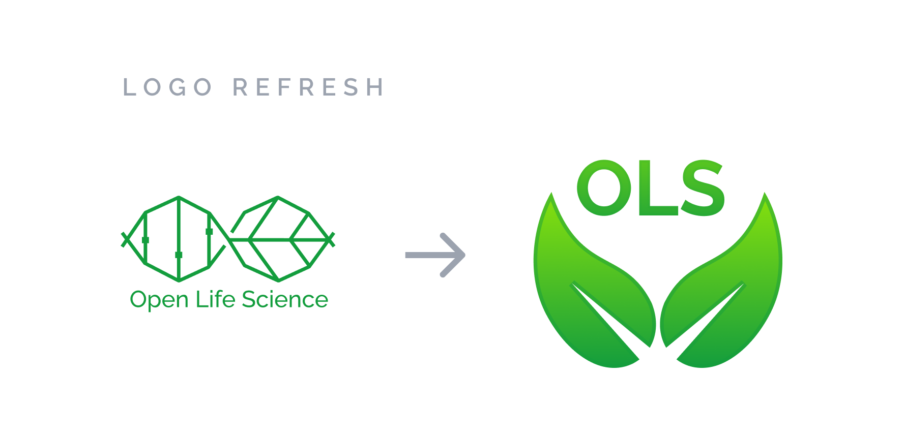 The image shows the previous Open Life Science logo on the left and the new logo on the right.
